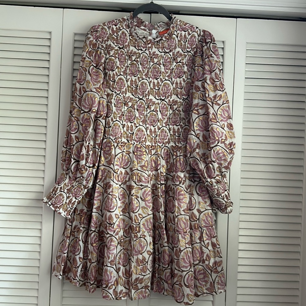 Oliphant Floral Smocked Long Sleeve Mini Dress in Pink and Cream